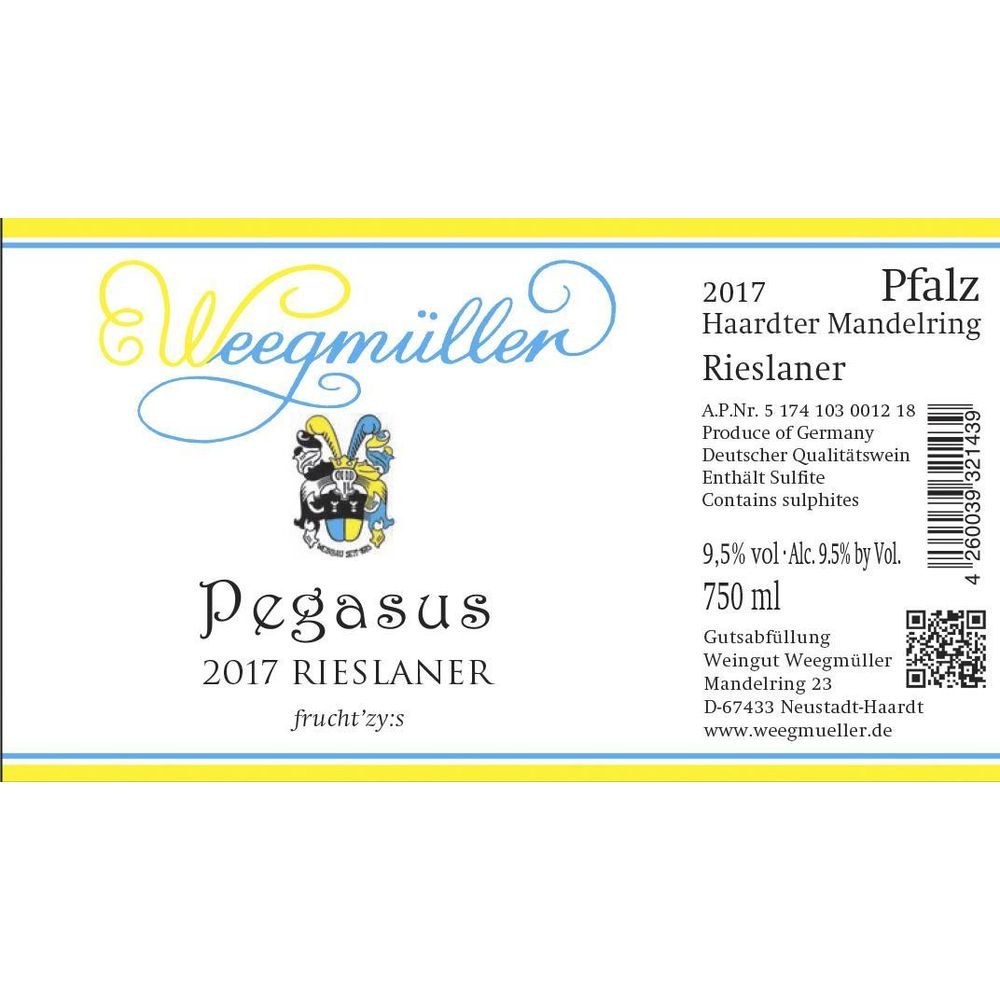 Weegmueller 2017 "Pegasus" Rieslaner Mandelring Spätlese