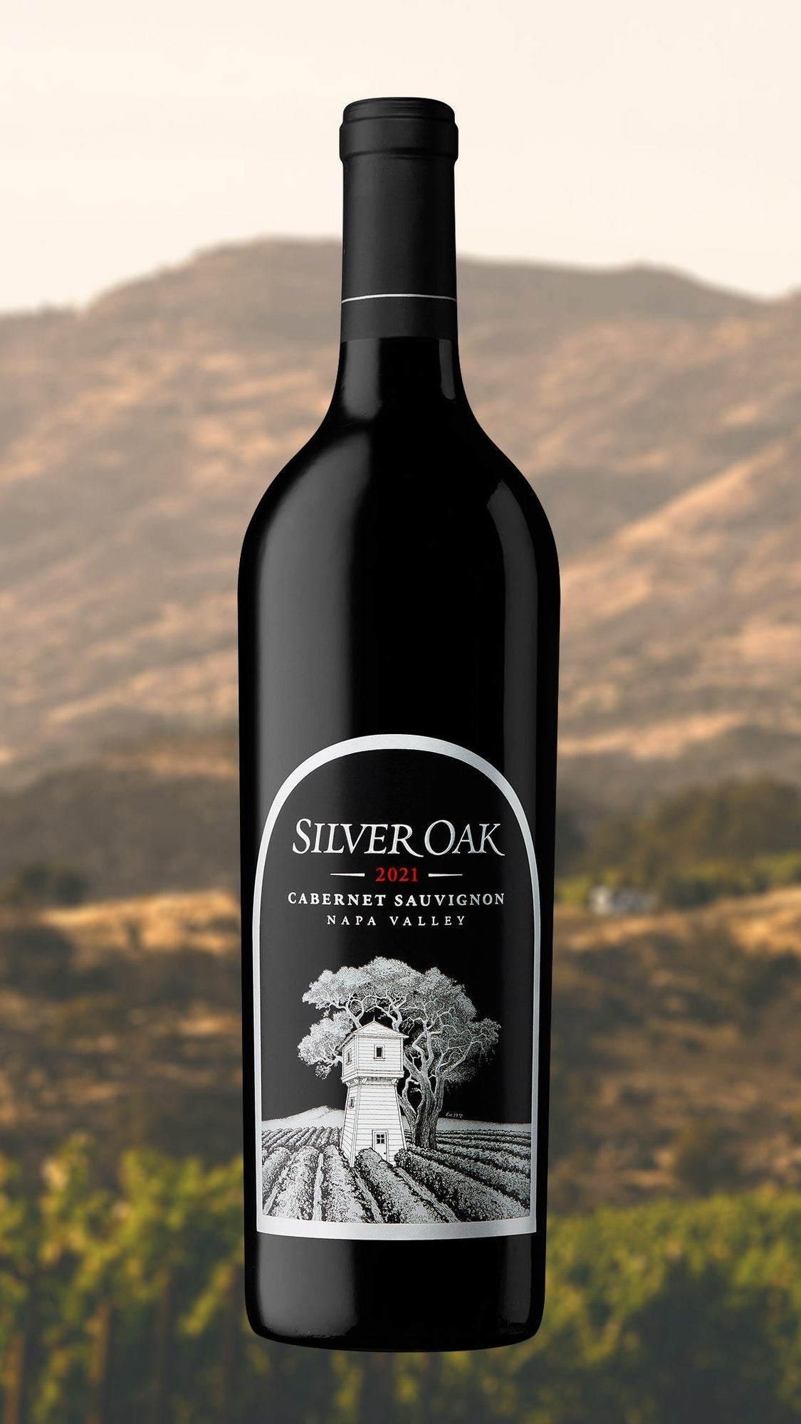 Silver Oak Cabernet Sauvignon wine bottle with a scenic background