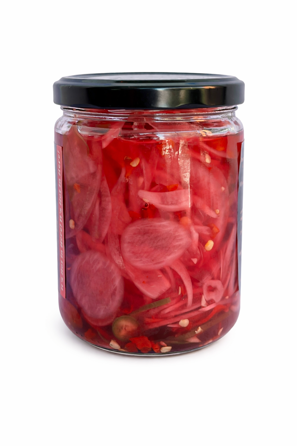 Jar of pickled red onions and jalapenos on a white background
