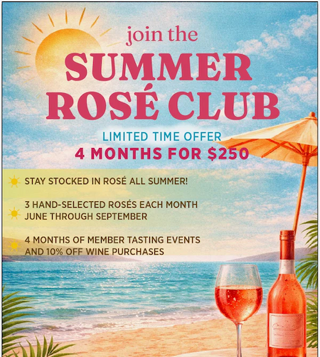 Advertisement for Summer Rosé Club with beach scene, bottle of rosé, and glass.