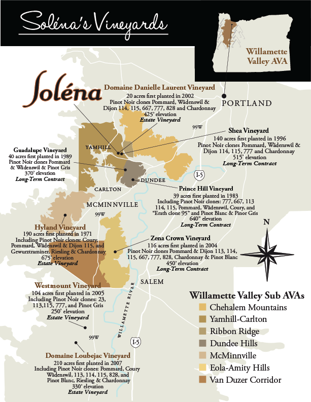 Map of Soléna's Vineyards in the Willamette Valley with vineyard names and locations.