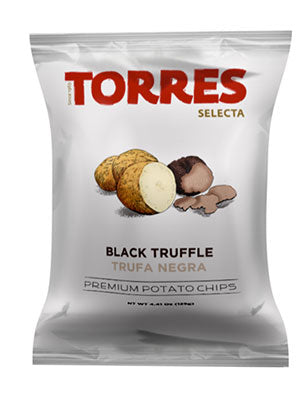 A bag of Torres Selecta Black Truffle Premium Potato Chips on a plain white background.