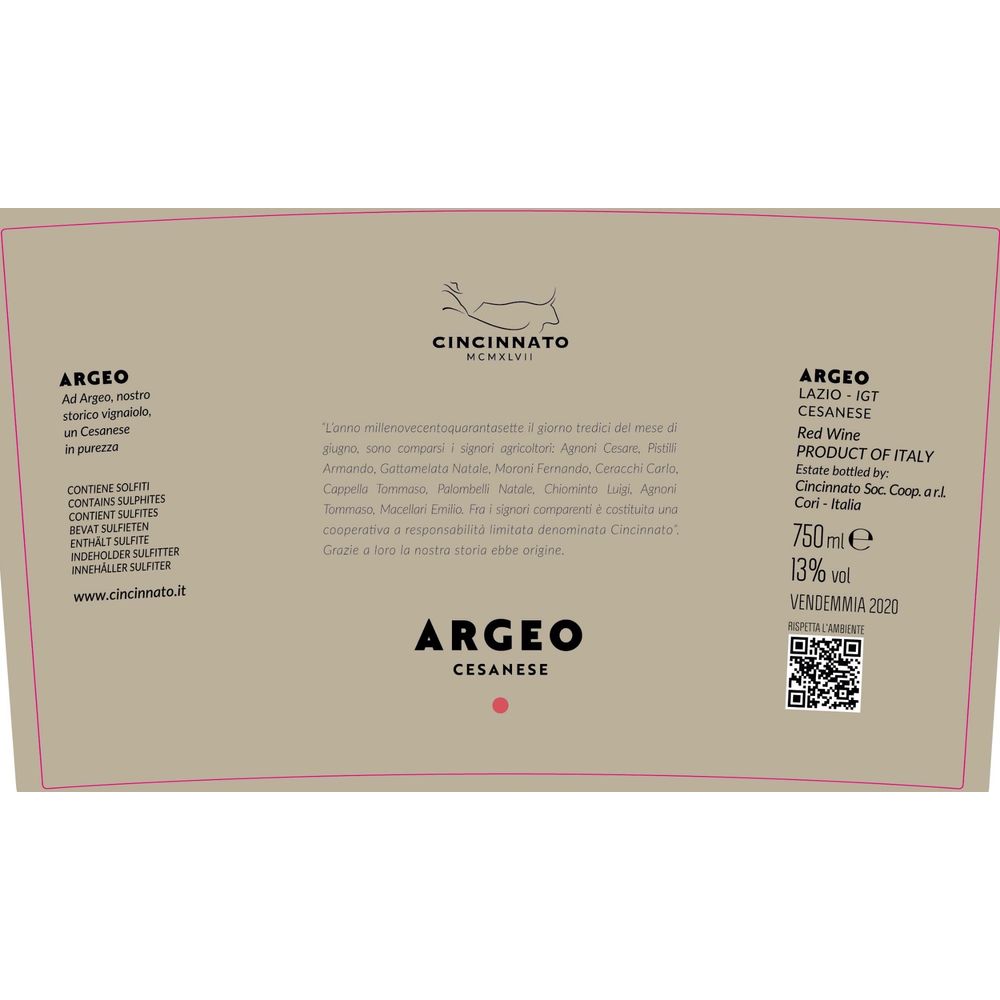 Cincinnato 2022 Argeo, Red wine of Lazio