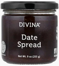Jar of Divina Date Spread with black lid on a white background