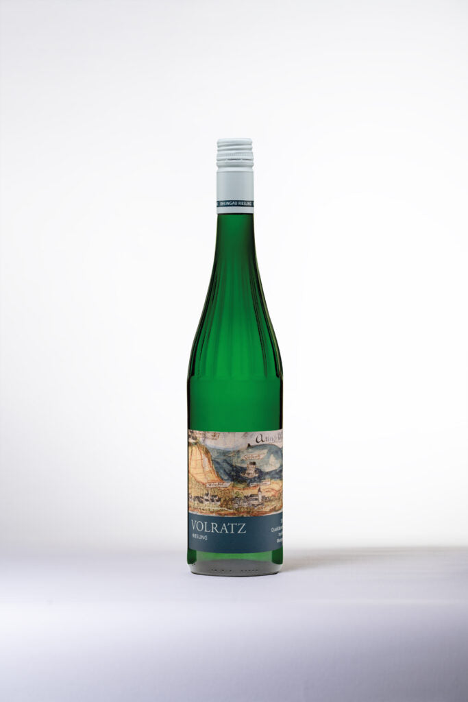The "Volratz" Riesling in a green wine bottle showing the modern screwcap on the antique style glass bottle one common in Germany.