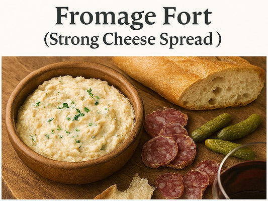 Fromage fort cheese spread in a bowl with baguette, salami slices, pickles, and wine on a wooden board