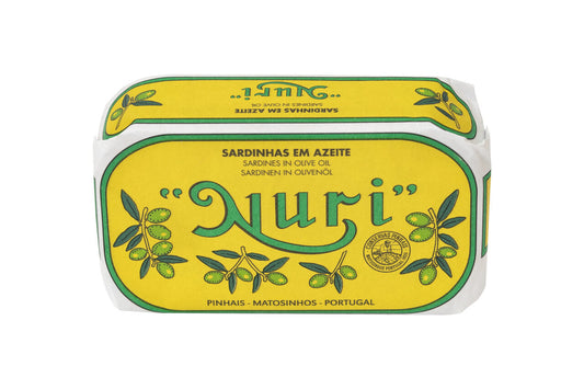 Yellow Nuri sardines in olive oil tin with green lettering and olive illustrations