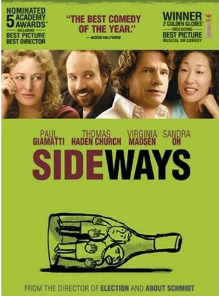 Movie poster for Sideways with four cast portraits and the title over a green background.
