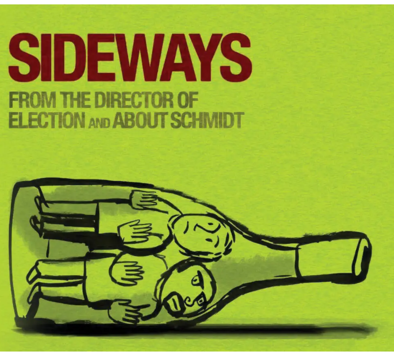 Sideways movie poster art with two people drawn inside a wine bottle on a lime green background