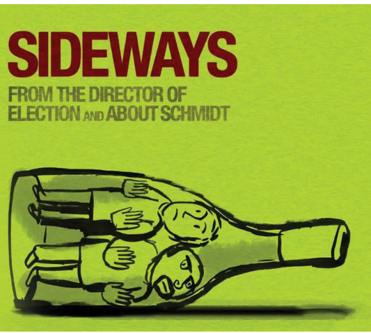 Sideways movie poster art with two people drawn inside a wine bottle on a lime green background
