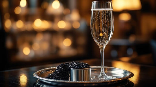 Silver tray with glass of Champagne and a tin of overflowing caviar