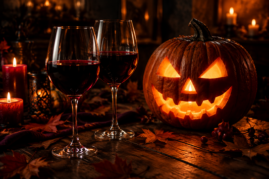 two glasses of wine next to a jack-o-lantern and candles