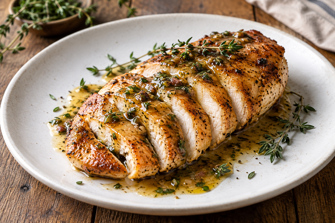 Sliced chicken breast on a white plate, topped by capers and our perfect pan sauce
