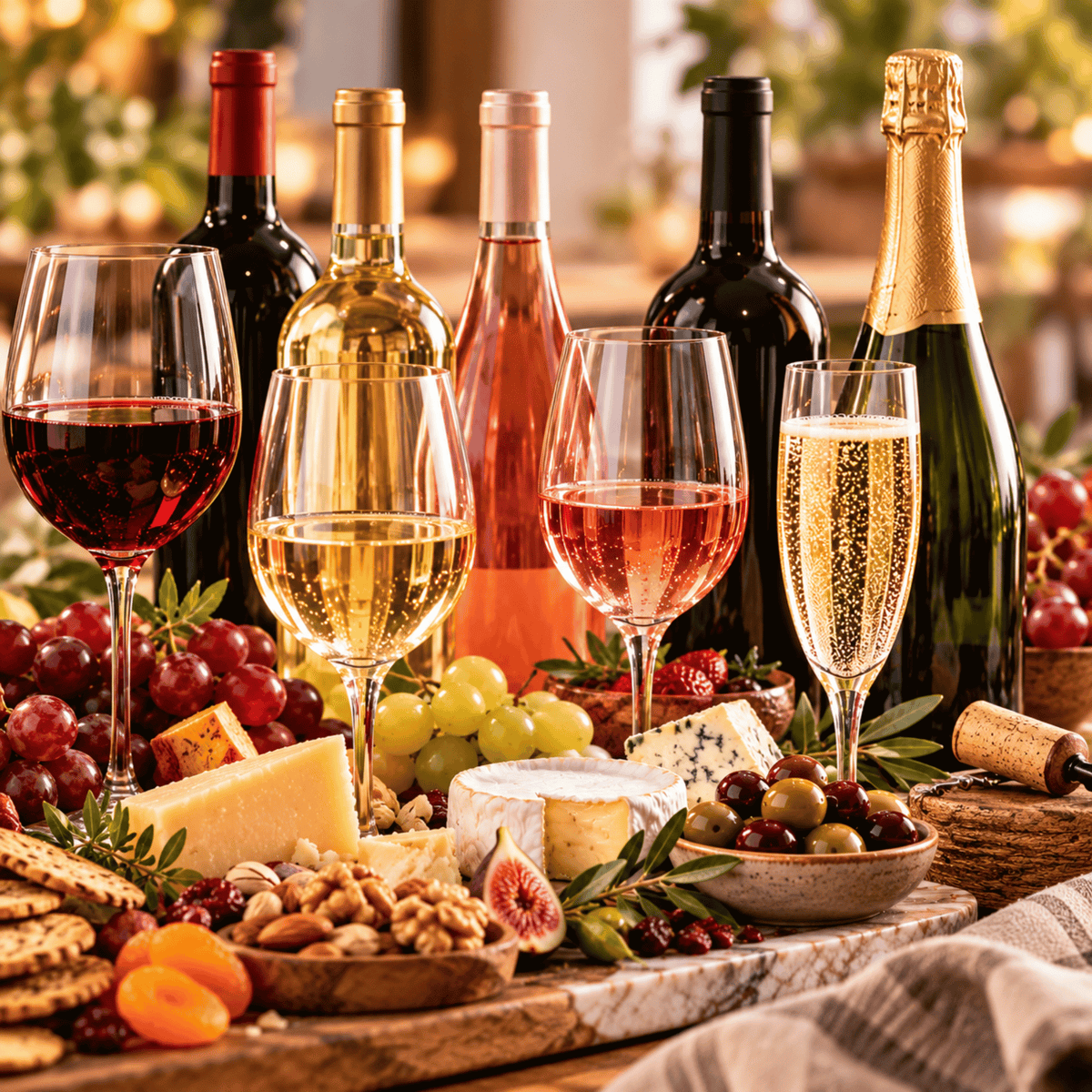 Red, white, rosé and sparkling wine bottles with glasses and a cheese board. Cheap Thrills wines under $30 at Farmstead.