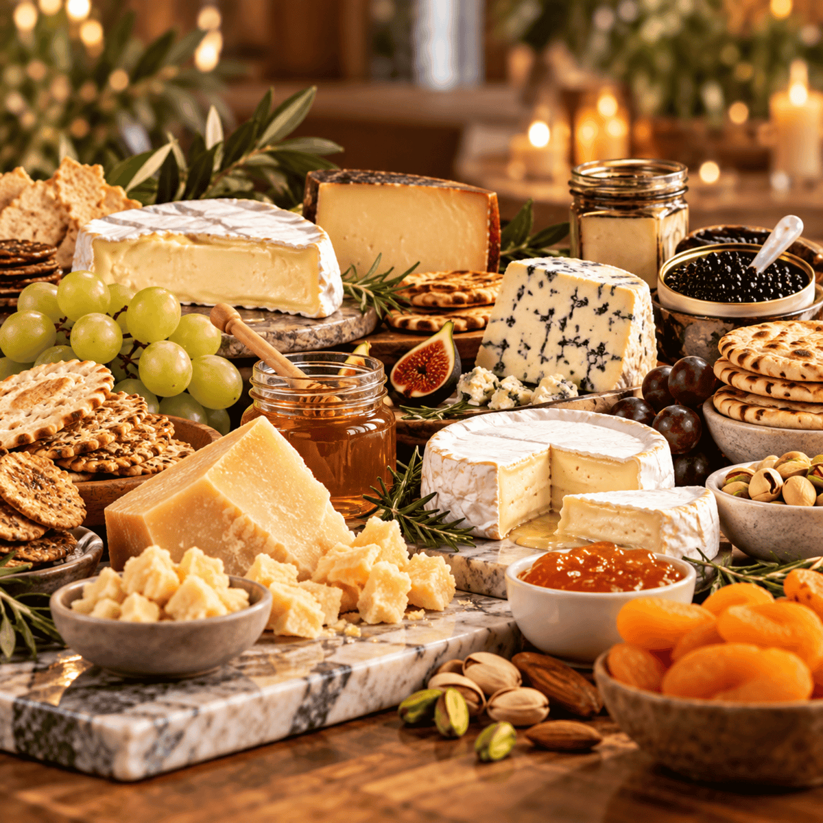 Cheese board with brie, blue cheese, figs, apricots, honey and caviar. Specialty cheese and foods at Farmstead.