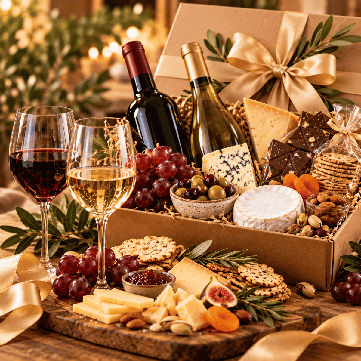 Red and white wine glasses, grapes, nuts, and cheese on a board. Gift box of wines, cheese, chocolates, crackers, olives.Wine and cheese gifts from Farmstead.