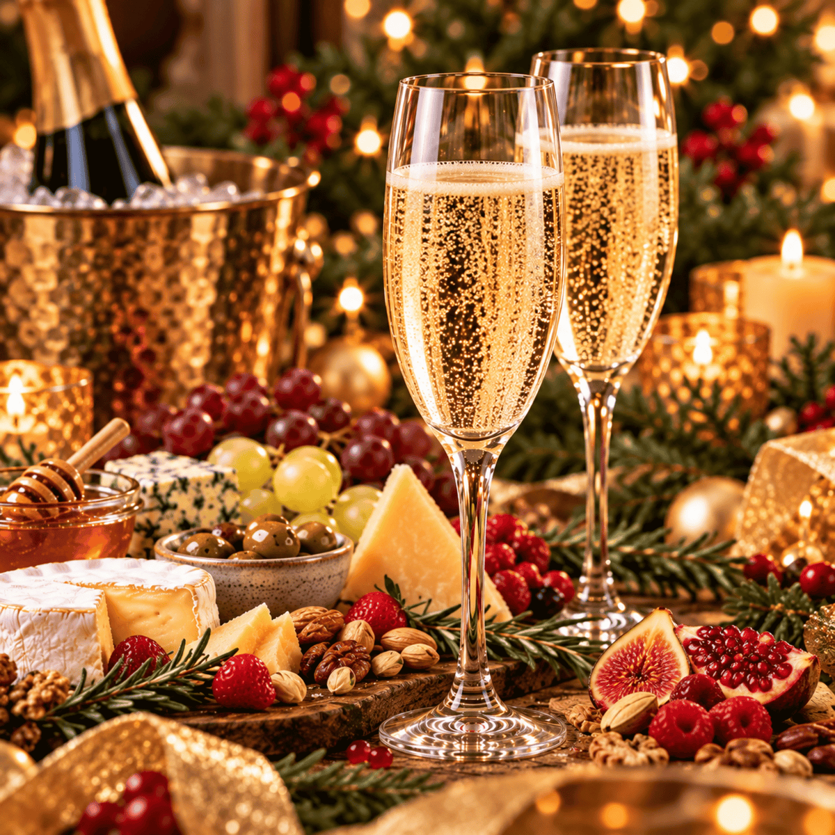 Champagne flutes and a bottle on ice with cheese and pomegranate. Sparkling wine and Champagne at Farmstead Cheeses & Wines.