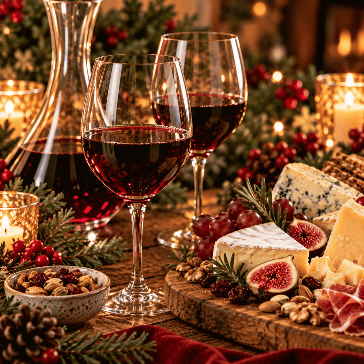 Glasses of red wine and a decanter beside a cheese board with figs and walnuts. Top red wines at Farmstead Cheeses & Wines.
