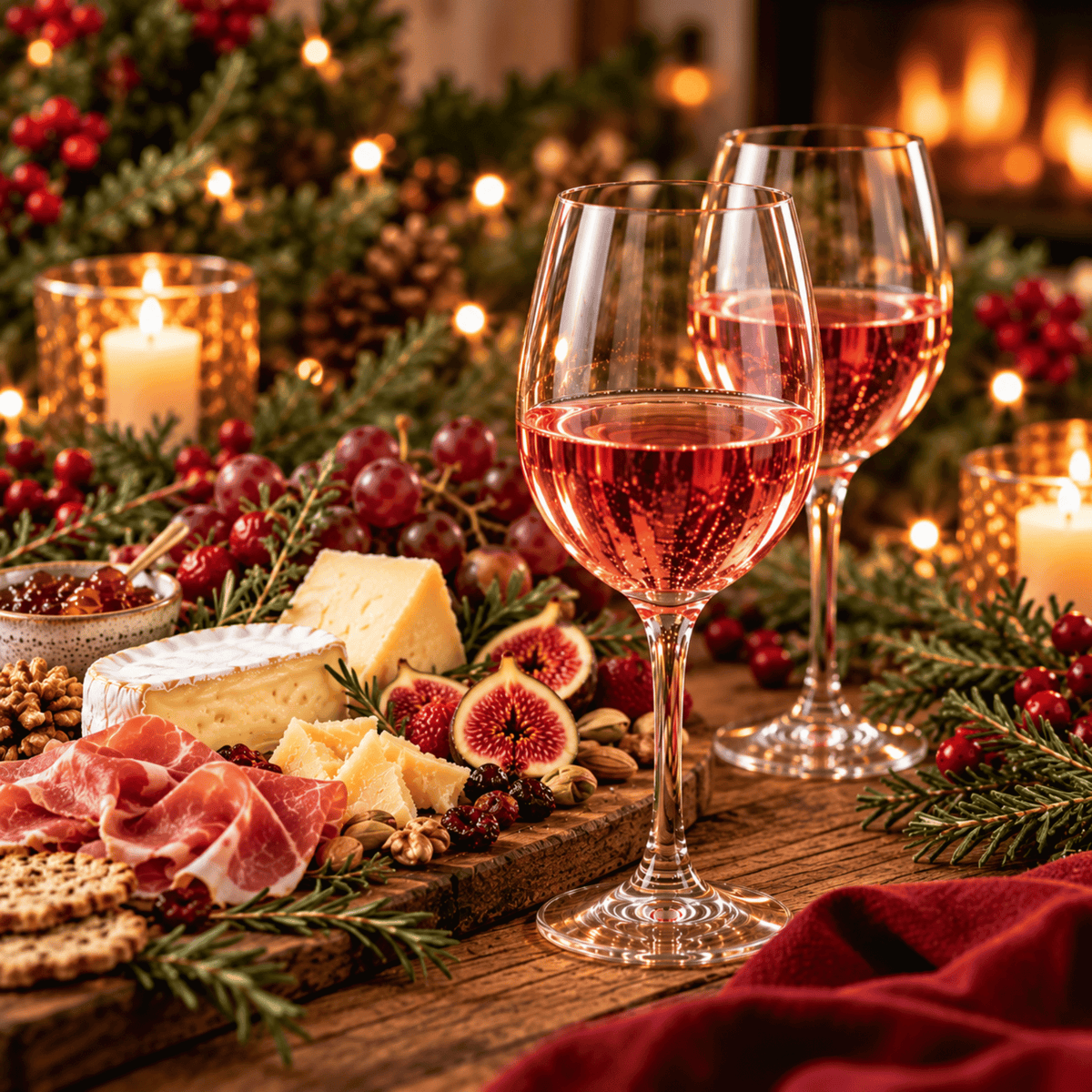 Glasses of rosé wine with prosciutto, cheese and fresh figs by candlelight. Top rosé wines at Farmstead Cheeses & Wines.