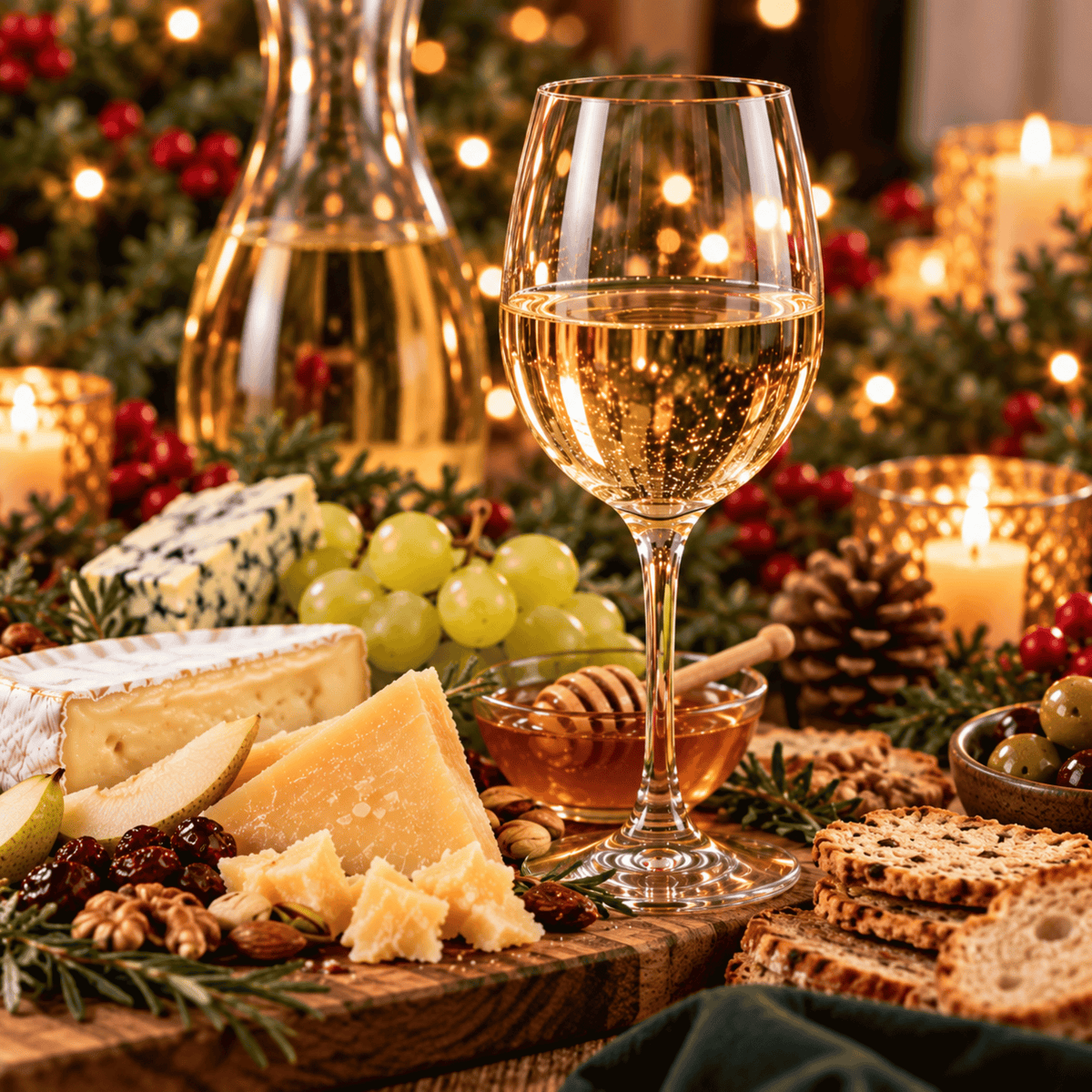 Glasses of white wine with aged cheeses, green grapes and honey by candlelight. Top white wines at Farmstead Cheeses & Wines.