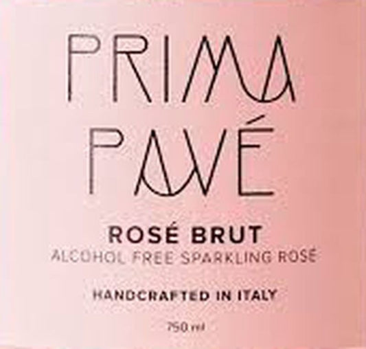 Prima Pave Rosé Brut label on a pink bottle, handcrafted in Italy, 750 ml