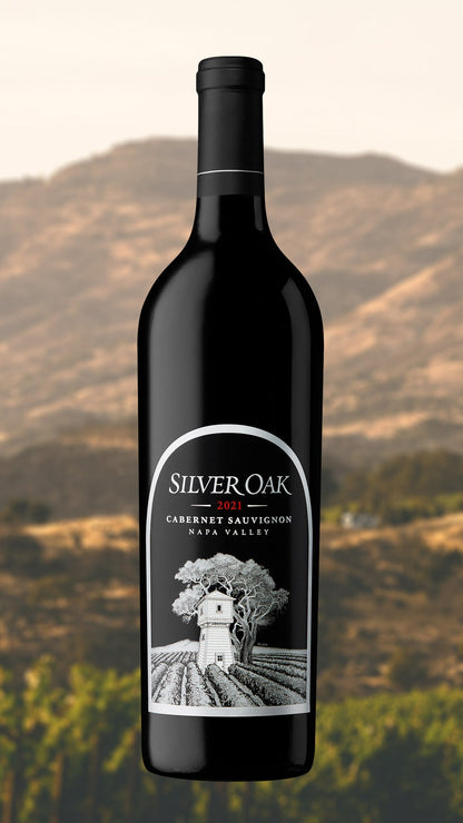 Silver Oak Cabernet Sauvignon wine bottle with a scenic background