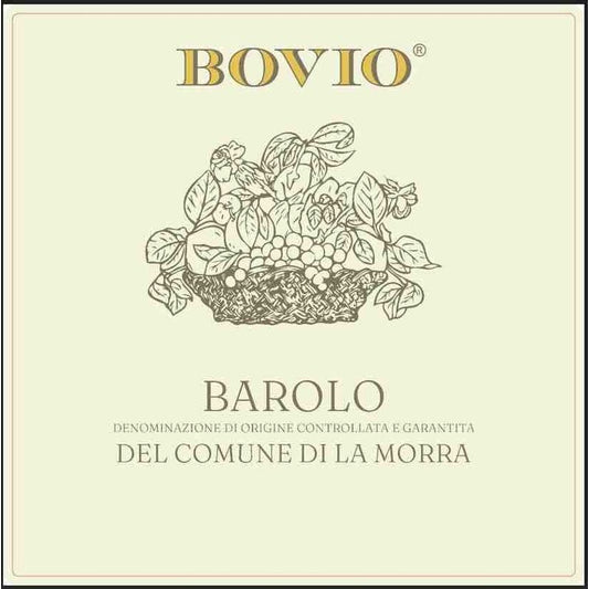Bovio Barolo bottle label with grape basket illustration and La Morra text