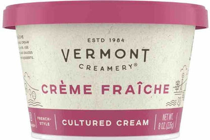 Vermont Creamery Crème Fraîche 8 oz cultured cream tub with pink lid and label