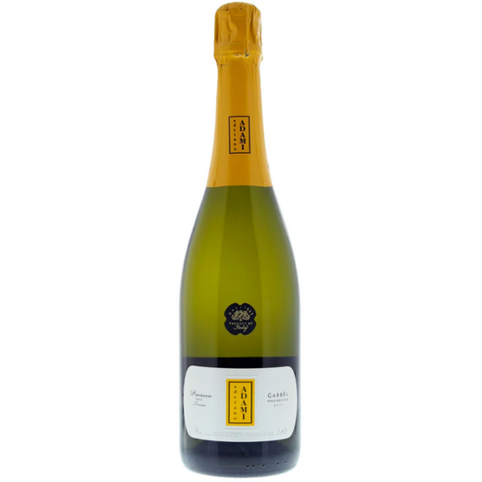 Bottle of Adami's "Garbel" Prosecco with a yellow label on a white background