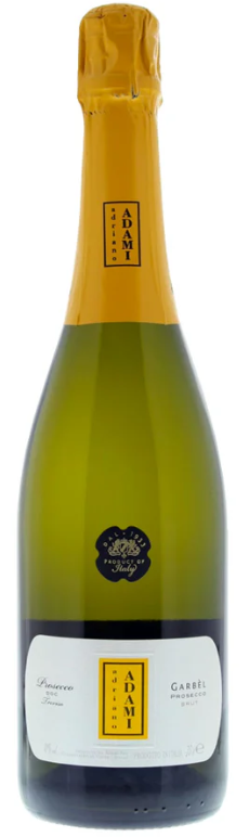 Bottle of Adami's "Garbel" Prosecco with a yellow label on a white background