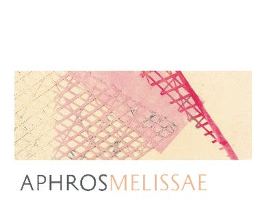 A rectangular abstract art print featuring a pink grid pattern and a bright pink diagonal line on a warm cream background, with the text 'APHROSMELISSAE' printed below in dark gray and peach.