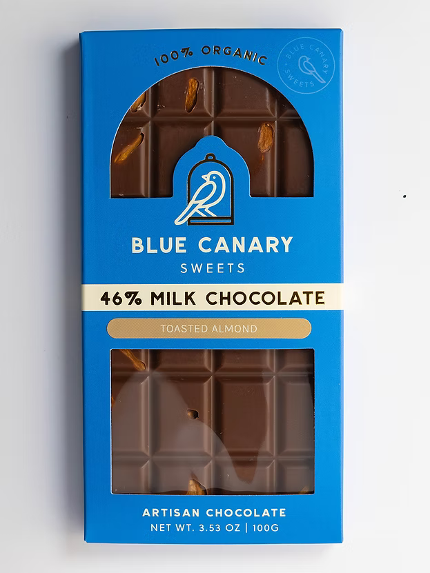 46% Cocoa, Milk Chocolate bar in blue cardboard wrapper from Blue Canary Sweets.