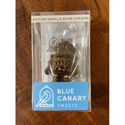 Blue Canary Sweets chocolate robot in a clear gift box