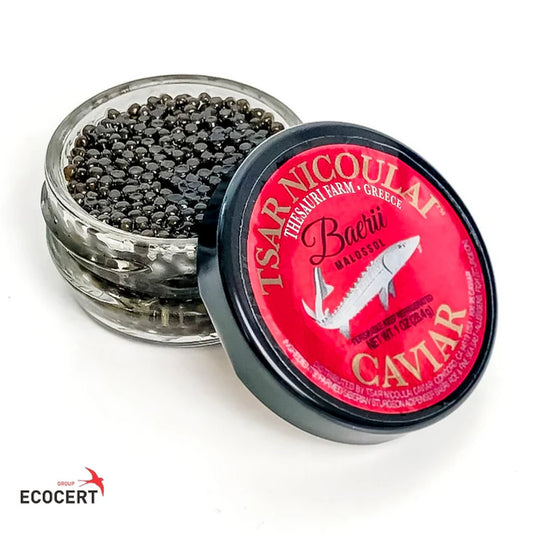 Container of caviar with a red lid featuring Tsar Nicoulai branding on a white background