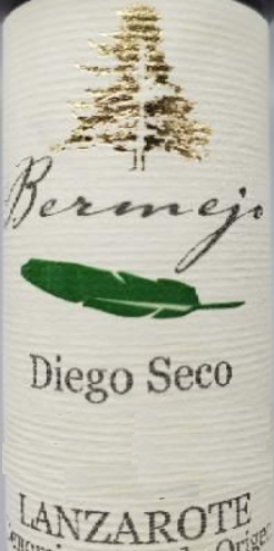 Label of Bodegas Los Bermejos Diego Seco wine, featuring text and a graphic of a grapevine, indicating its origin from Lanzarote, Canary Islands.