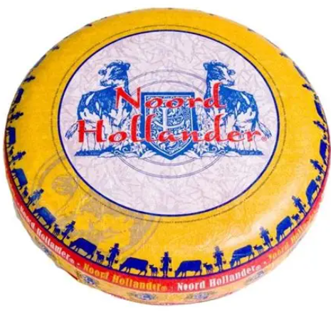Round cheese wheel with 'Noord Hollander' branding on a white background