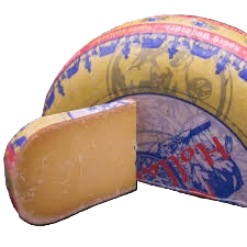 Half-cut wheel of cheese with a colorful label on a white background