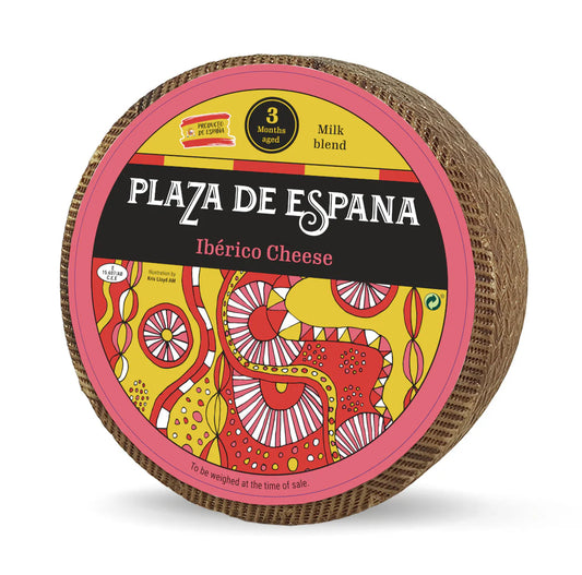 A whole wheel of Plaza de Espana Iberico Cheese wheel with colorful packaging on a white background