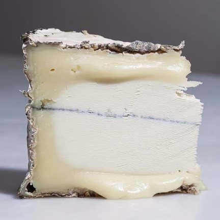 An upright wedge of Humboldt Fog, showing how It ripens and grows soft as it ages, beginning next to the rind and working towards the center line of ash.