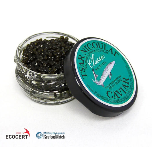Jar of caviar with a green label on a white background