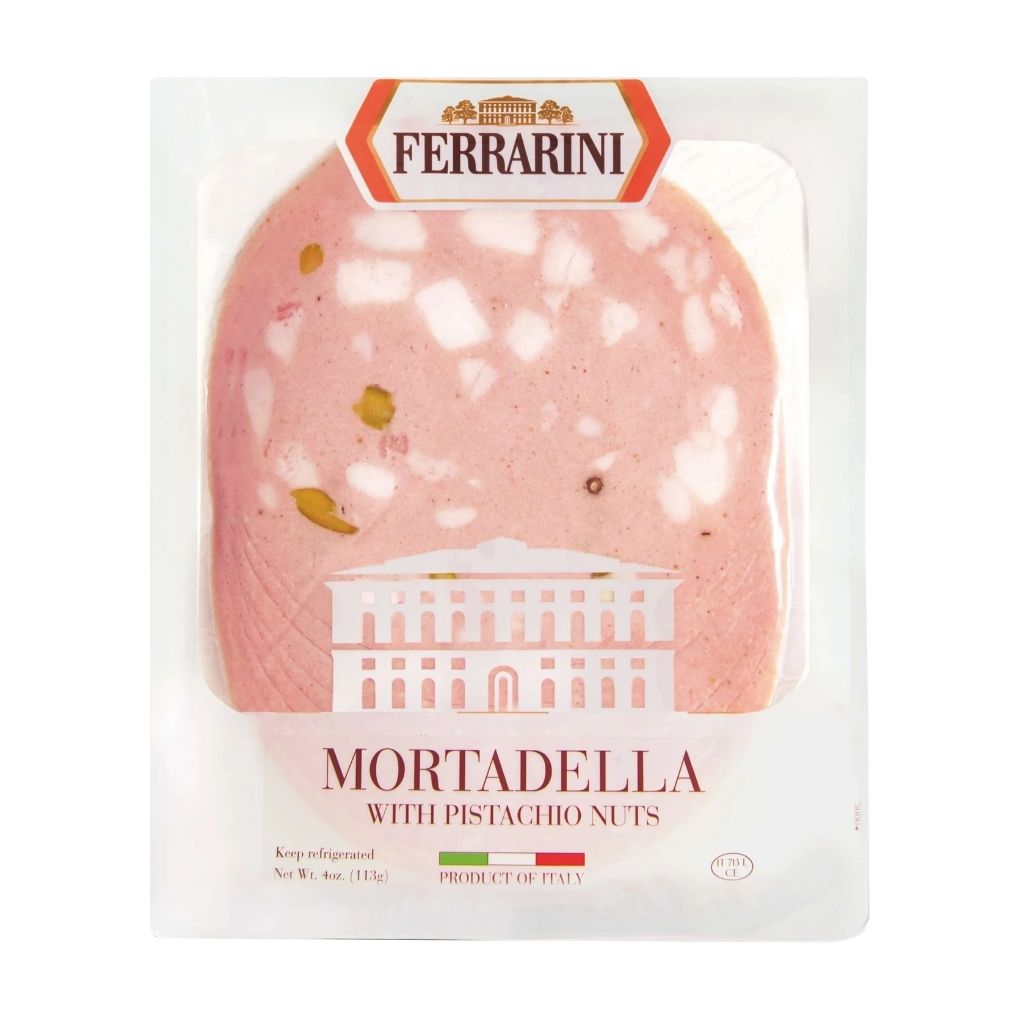Packaged mortadella with pistachio nuts by Ferrarini on a white background. Pre-sliced, 4oz