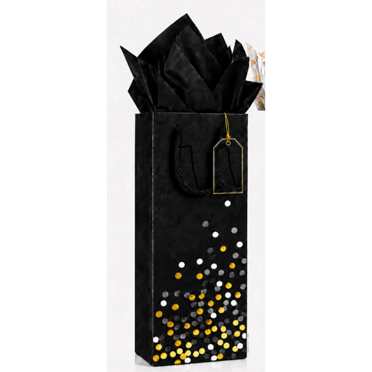 Wine Gift Bag - Black w white and gold dots, tissue included