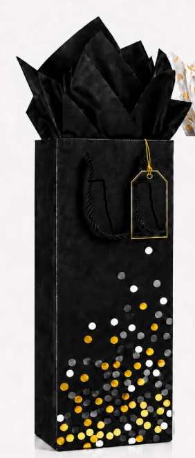 Wine Gift Bag - Black w white and gold dots, tissue included