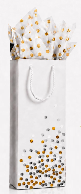 Wine Gift Bag - White w silver & gold dots, tissue included