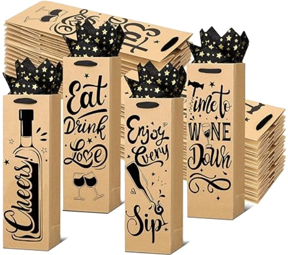 Wine gift bags - brown craft paper, a black cloth handle and four different sayings: Cheers, Deat Drink Love, Enjoy Every Sip or Time to Wine Down