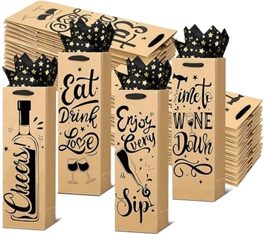 Wine gift bags - brown craft paper, a black cloth handle and four different sayings: Cheers, Deat Drink Love, Enjoy Every Sip or Time to Wine Down