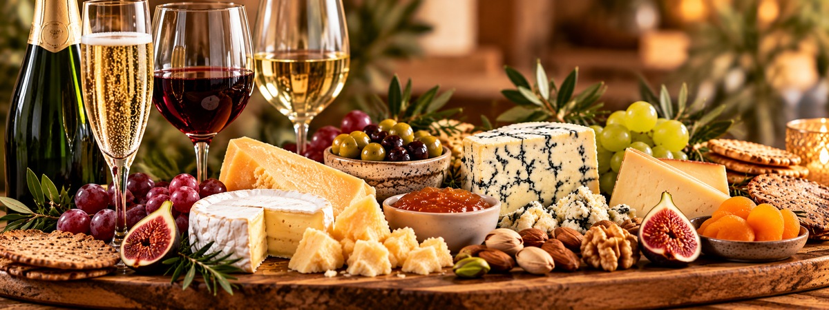 Assorted artisan cheeses, red and white wine, sparkling champagne, grapes, figs, olives, crackers, nuts, and gourmet accompaniments displayed on a rustic wooden board at Farmstead Cheeses & Wines.