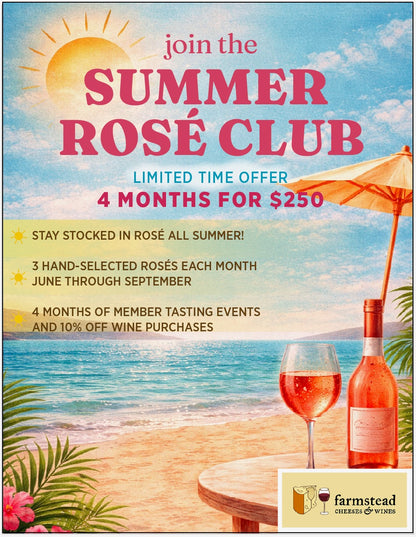 Summer Rosé Club beach poster with wine glass, rosé bottle, umbrella, and farmstead cheeses & wines logo