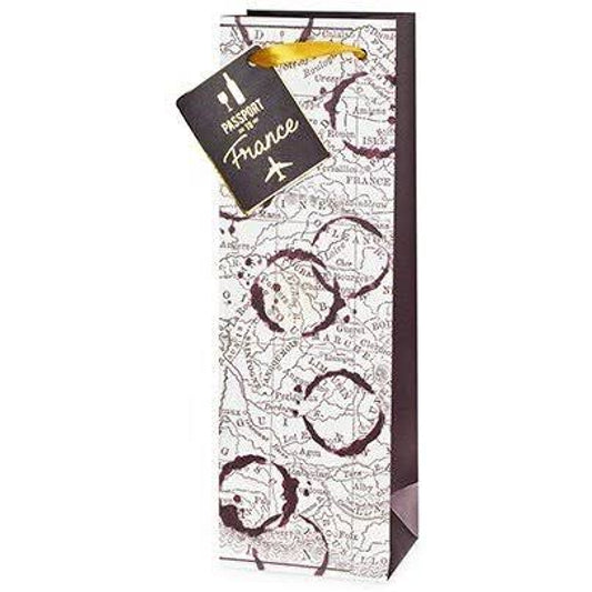White paper wine gift bag with map of French region, wine glass stains as if a glass bottom made them. Gift card and yellow ribbon handle.