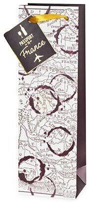 White paper wine gift bag with map of French region, wine glass stains as if a glass bottom made them. Gift card and yellow ribbon handle.